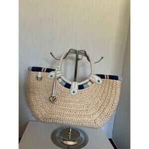 Brighton Straw Basket Shoulder/Tote w/White Leather Handles & BlueStripe Lining